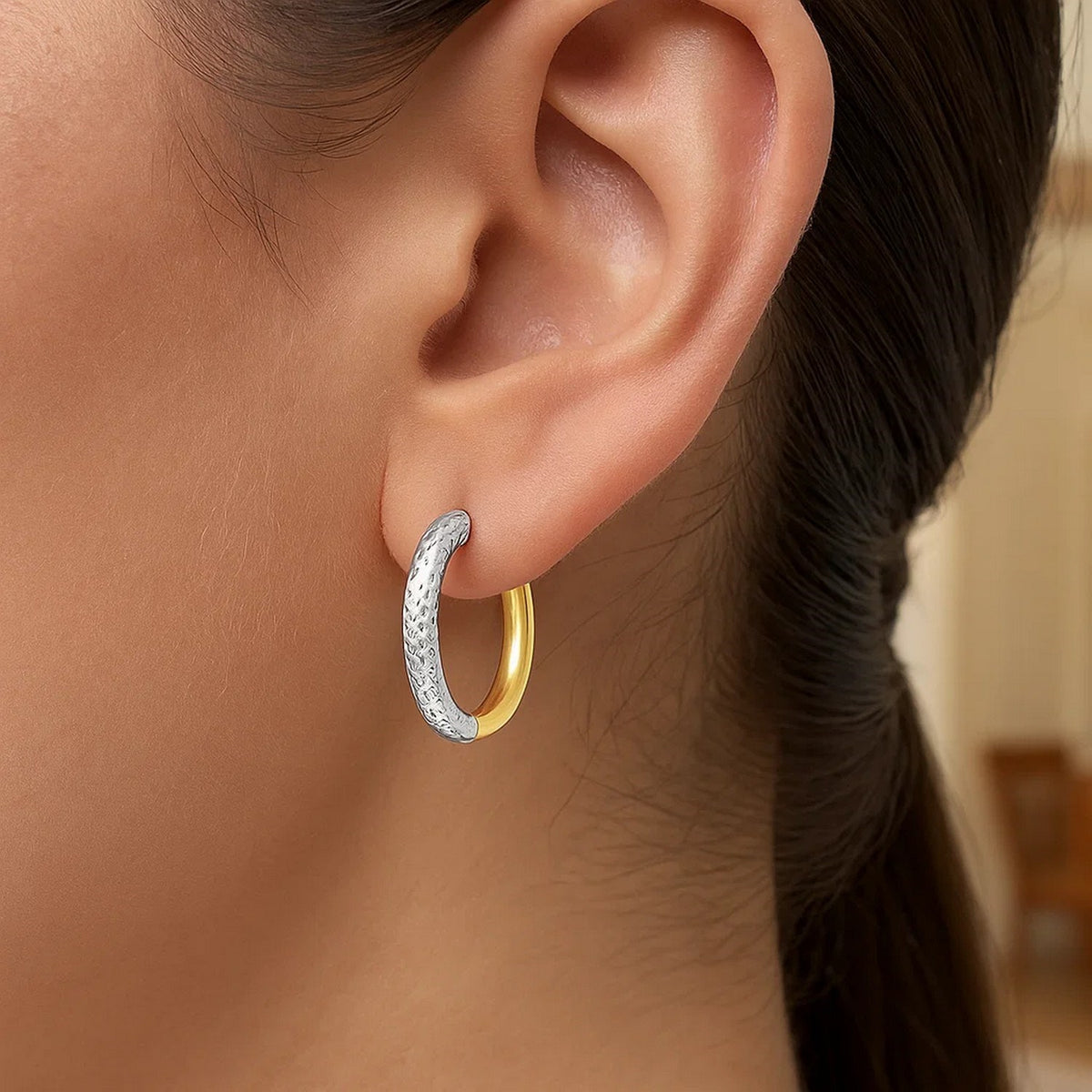14k Two-Tone Gold Hoop Earrings with Textured Style(2.5x15mm)