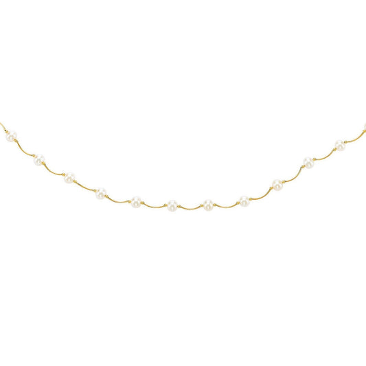 14k Yellow Gold Arc Link Necklace with White Pearls