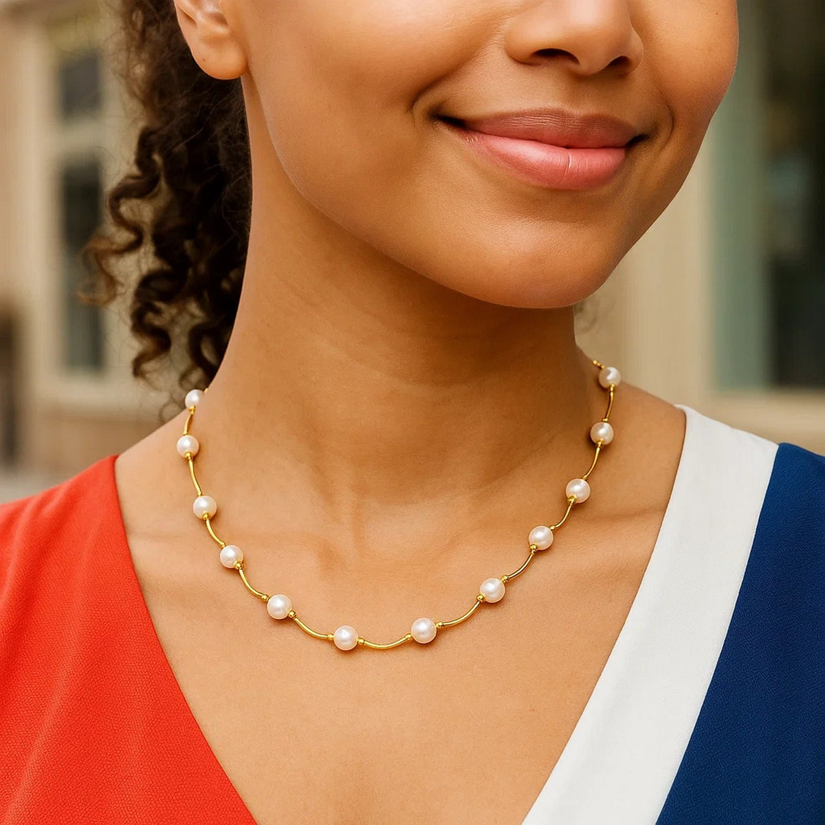 14k Yellow Gold Arc Link Necklace with White Pearls