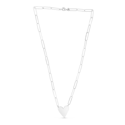 Sterling Silver Rhodium Plated Heart Paperclip Link Necklace
