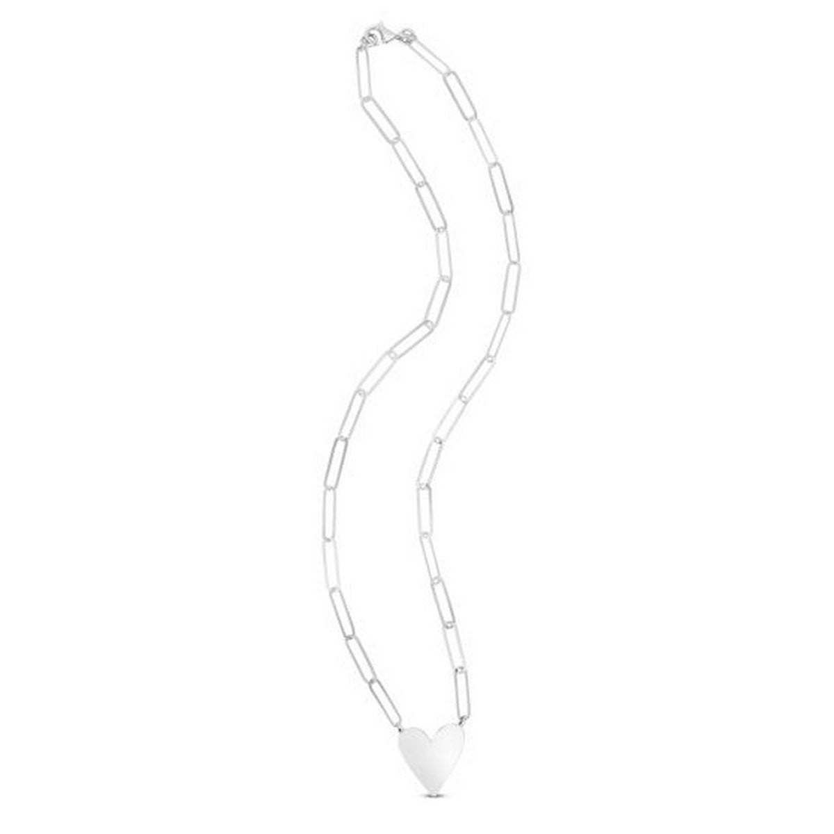 Sterling Silver Rhodium Plated Heart Paperclip Link Necklace