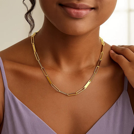 14k Yellow Gold Alternating Paperclip Chain Link and Gold Bar Necklace