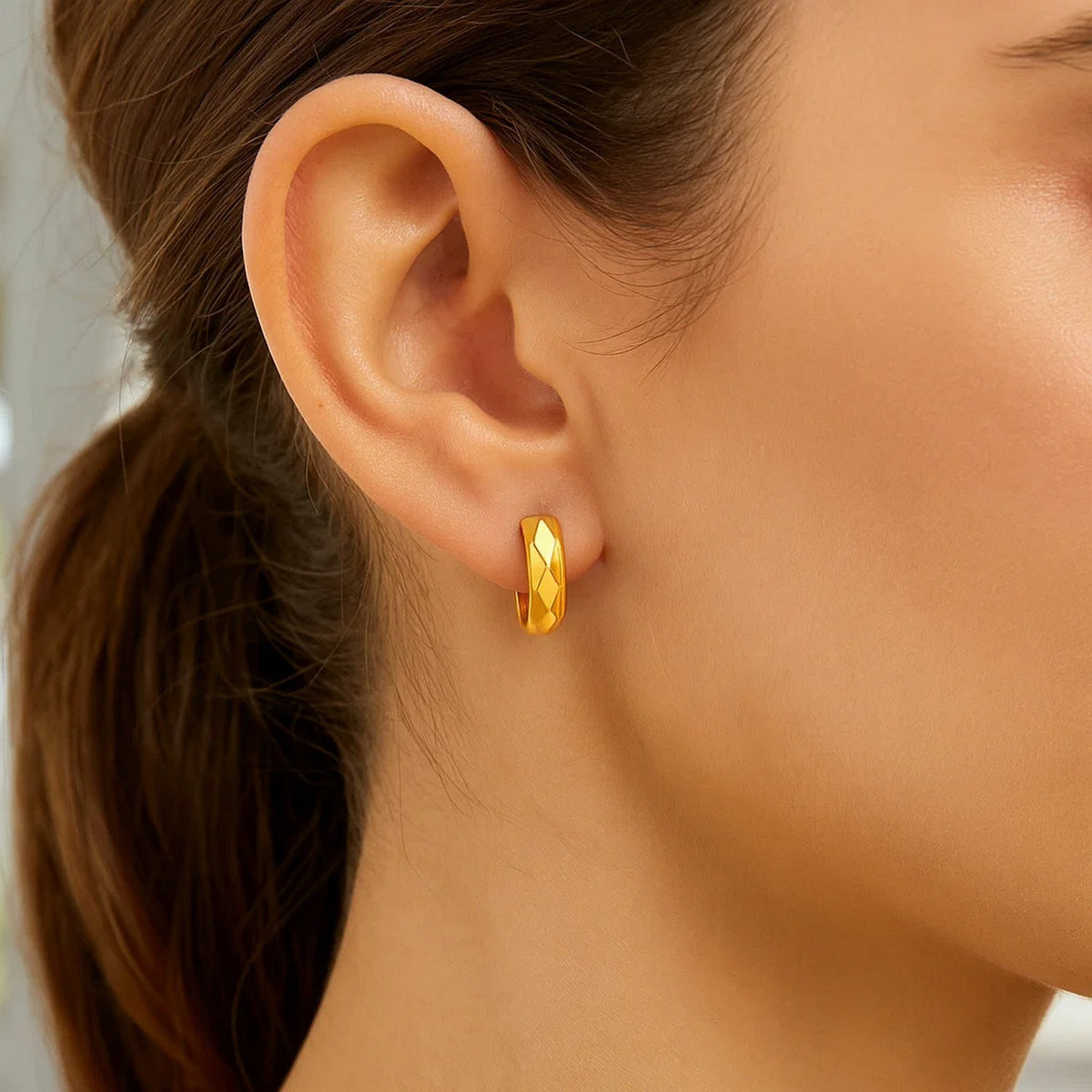 14K Yellow Gold Diamond Motif Faceted Huggie Earrings