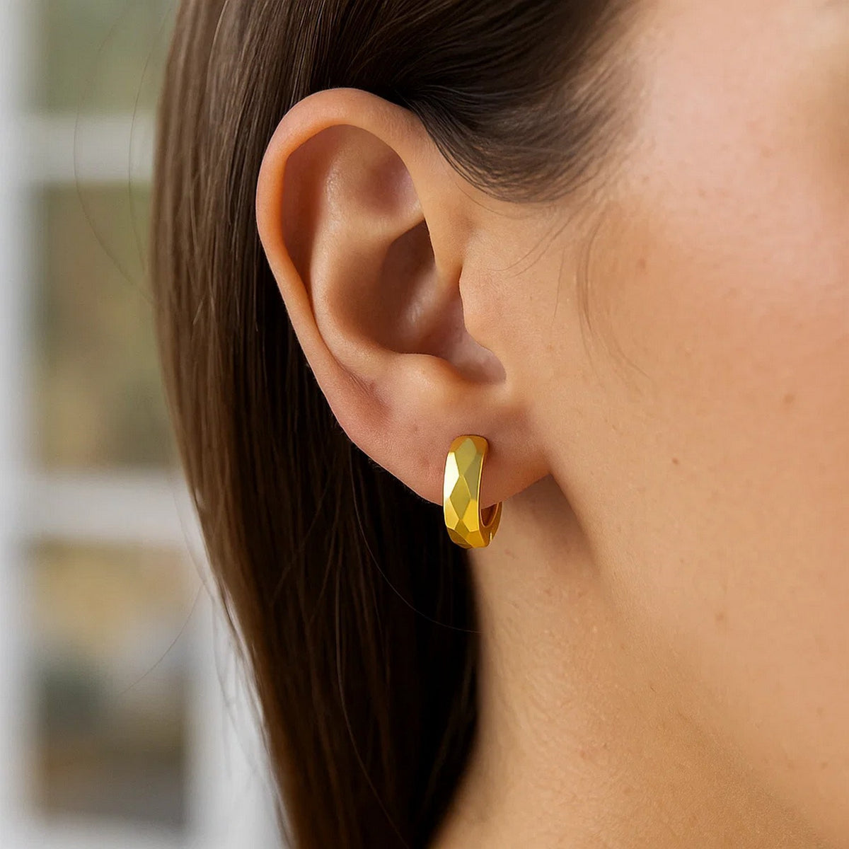 14K Yellow Gold Diamond Motif Faceted Huggie Earrings