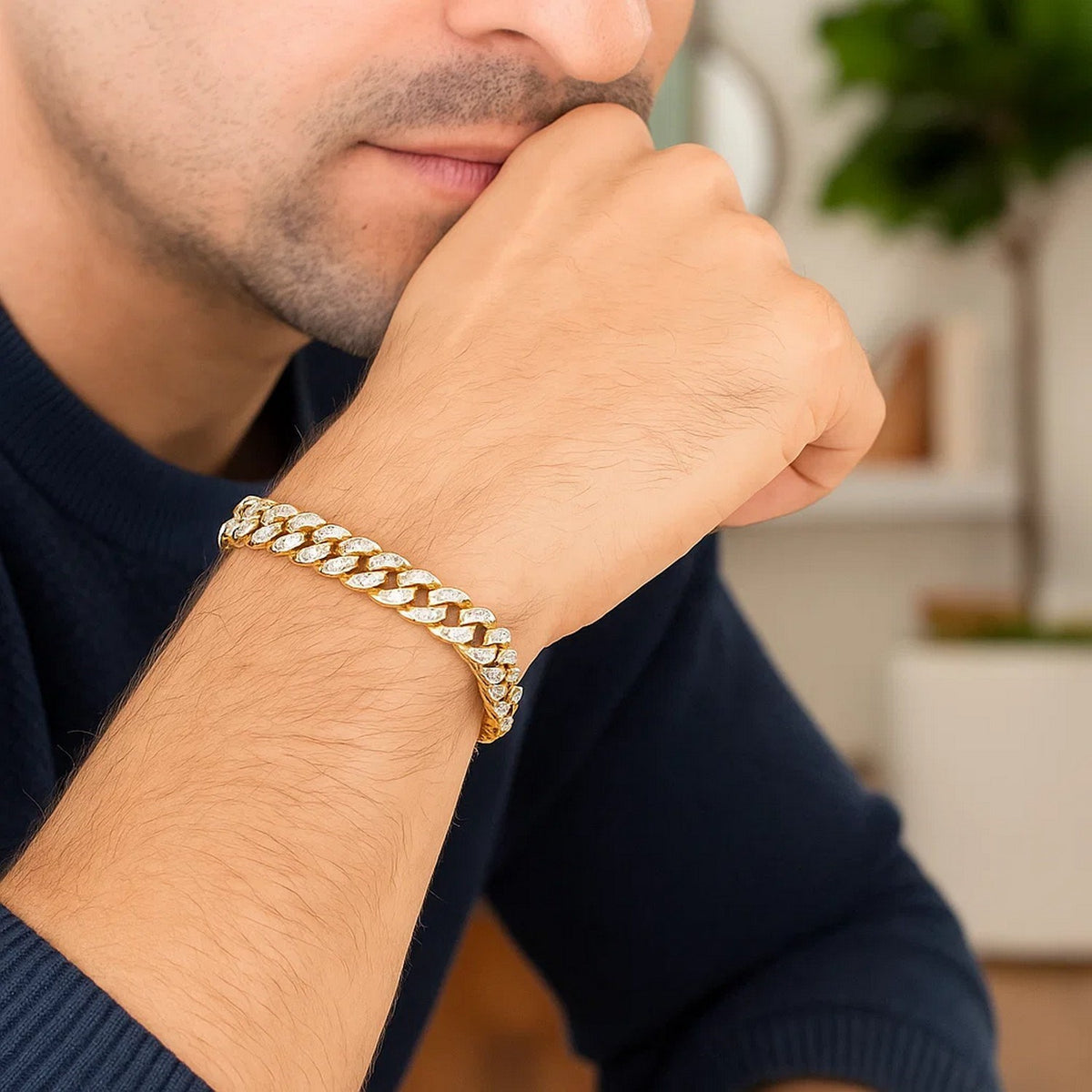 14k Yellow Gold White Pave High Polish Modern Lite Miami Cuban Bracelet(8.00 mm)