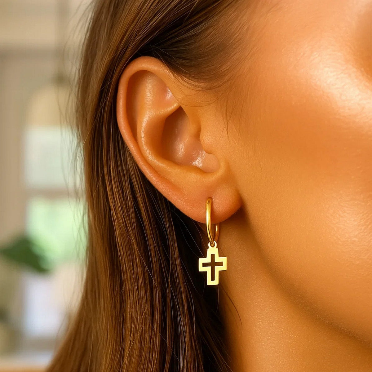 14K Yellow Gold Hoop Polished Earrings with Crosses
