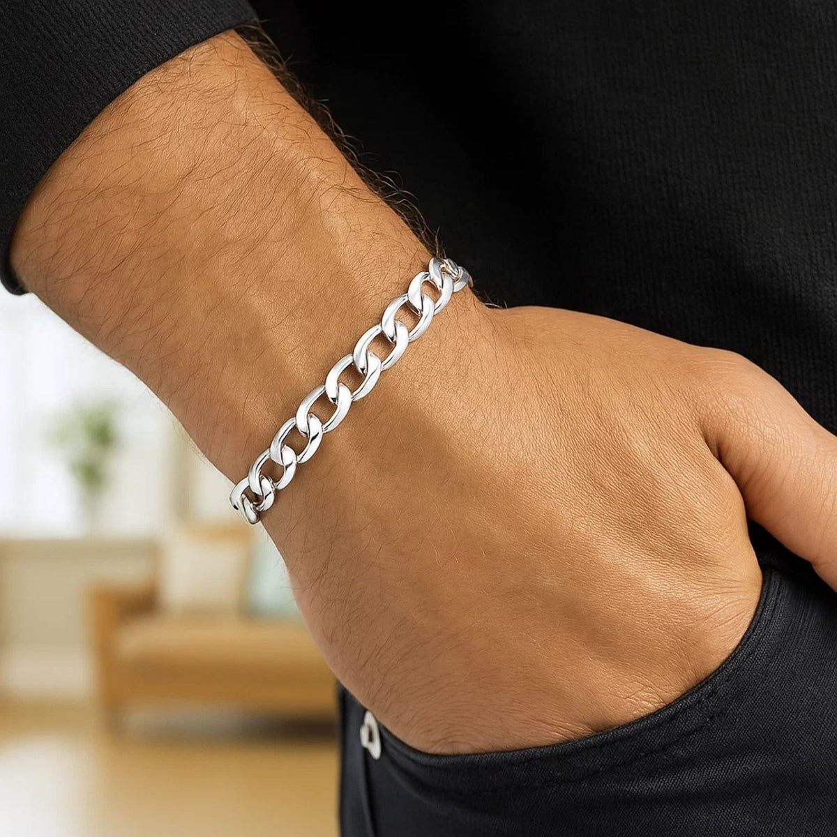 Rhodium Plated Sterling Silver Curb Style Bracelet (7.90 mm)