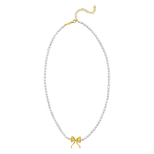 14K Yellow Gold Bow and Pearl Necklace