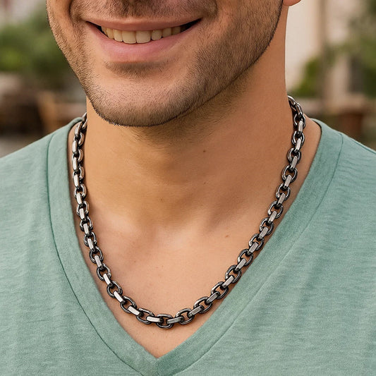 Sterling Silver Gunmetal Finish Oval Link Necklace