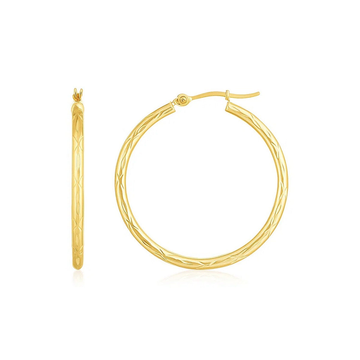14K Yellow Gold Diamond Cut Hoop Earrings(2x30mm)