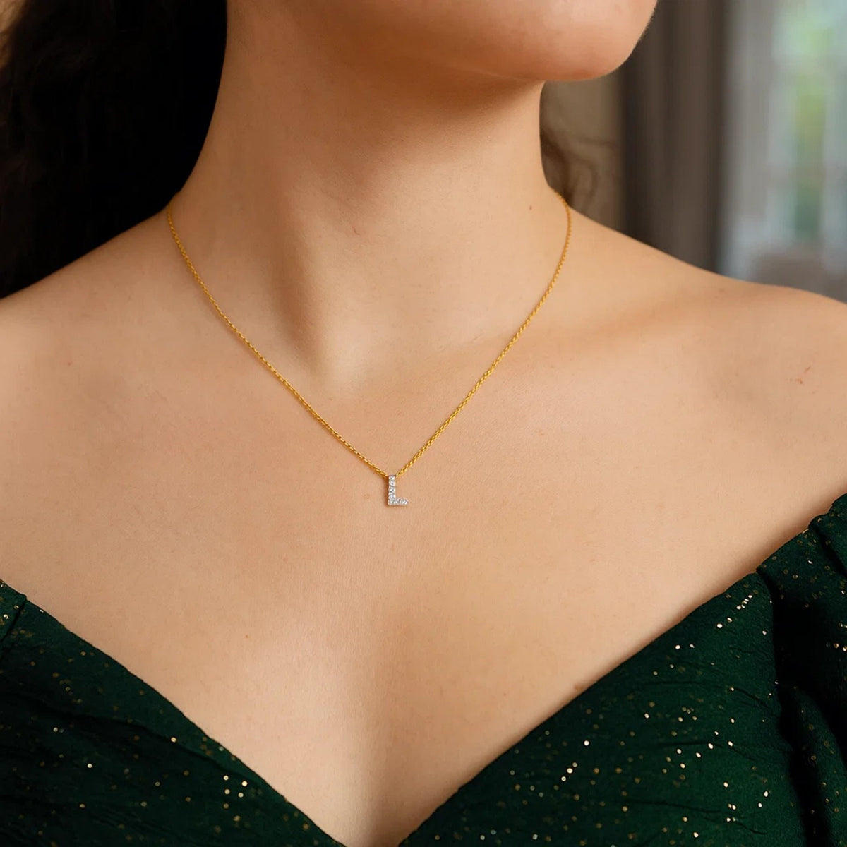 14K Yellow Gold Mini Diamond L Initial Pendant Necklace