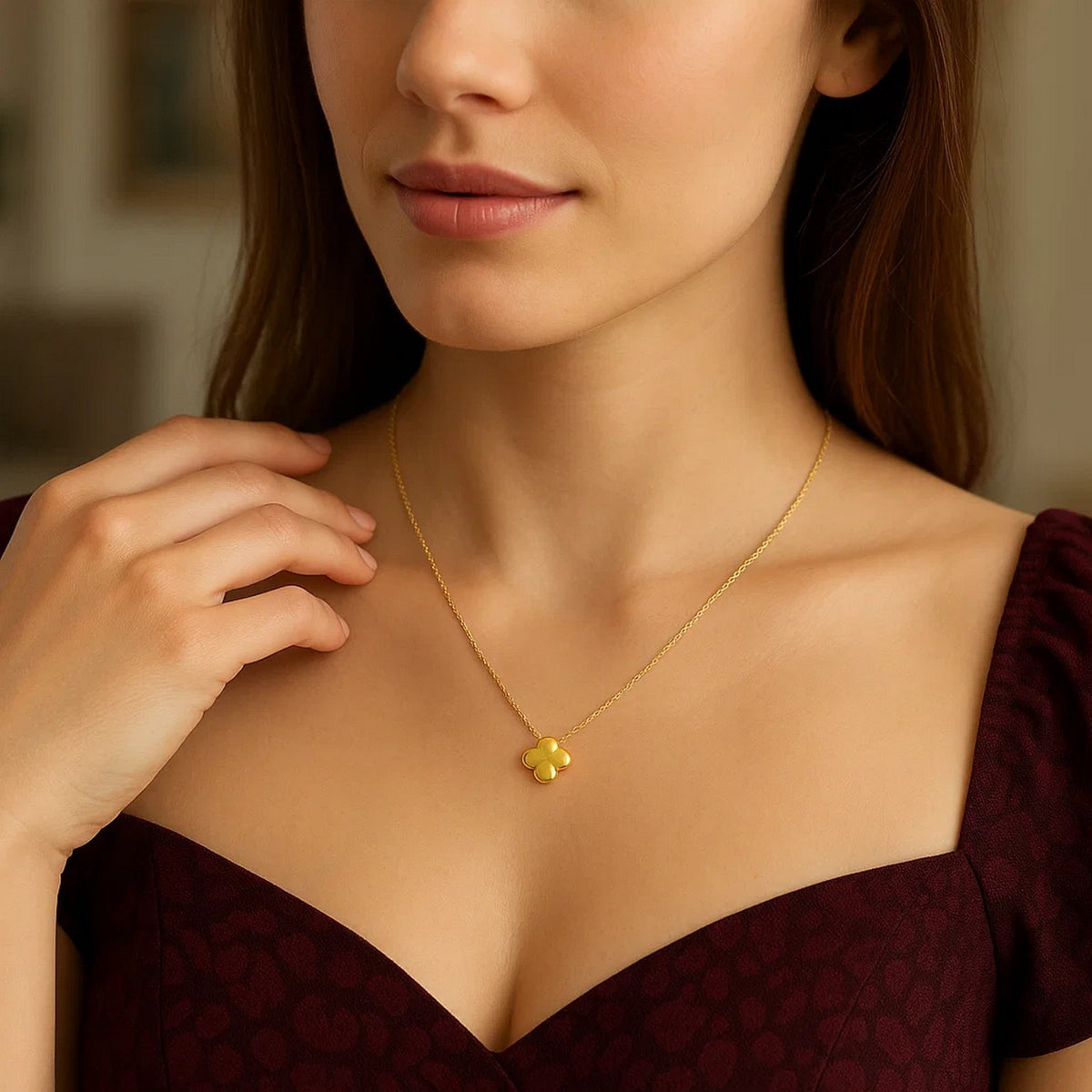 14K Yellow Gold Puffed Mini Clover Pendant Necklace