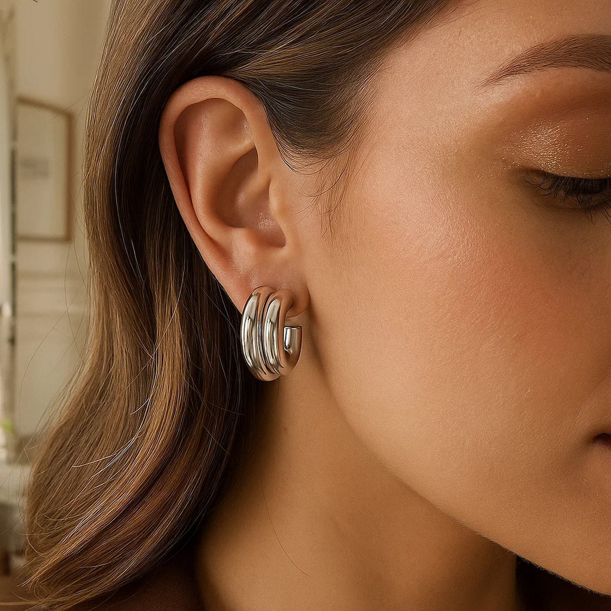 Sterling Silver Double Row Big and Small Round Hoop Earrings