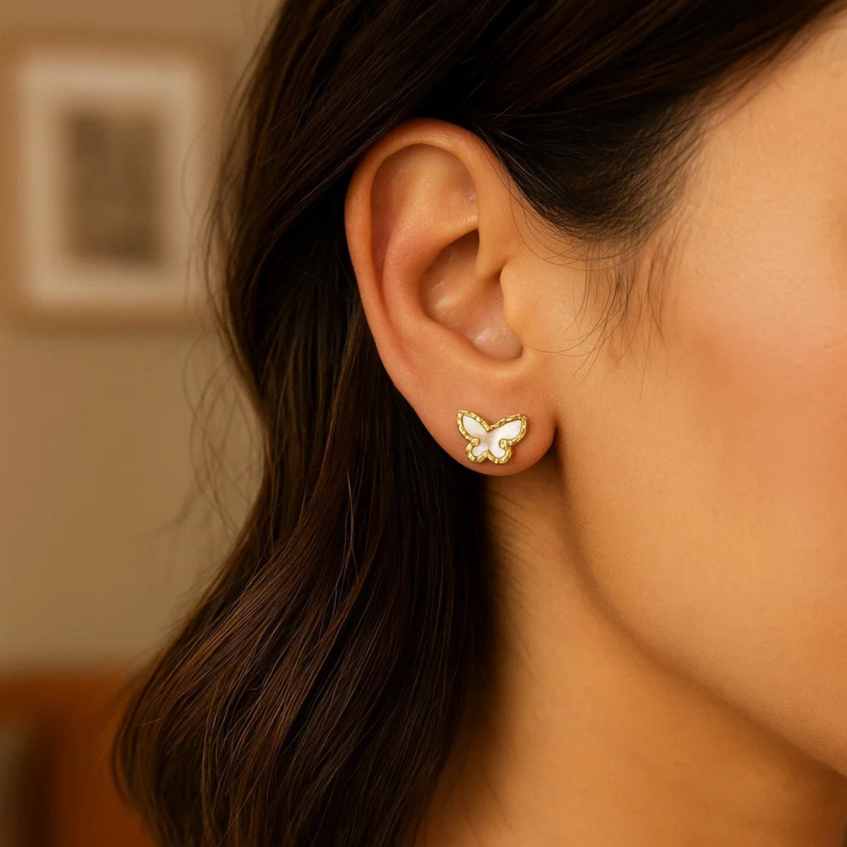 14K Yellow Gold Mother of Pearl Butterfly Stud Earrings