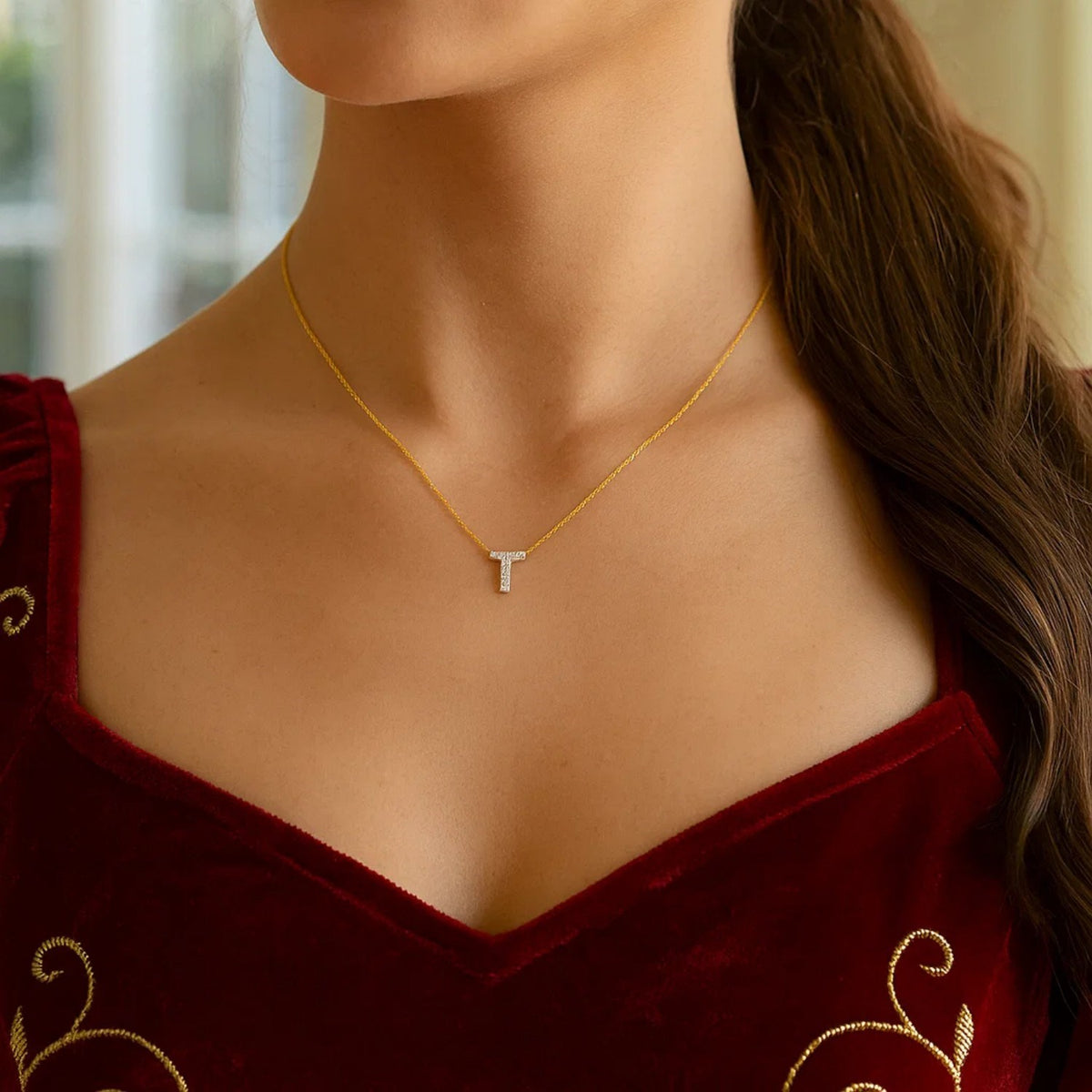 14K Yellow Gold Mini Diamond T Initial Pendant Necklace