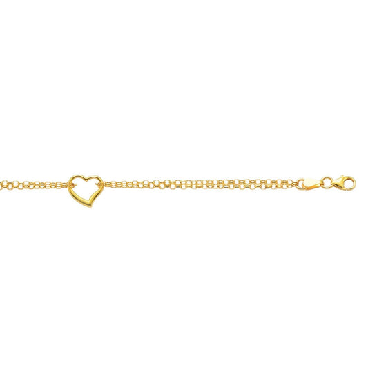 10k Yellow Gold Double Rolo Chain Anklet with an Open Heart Station