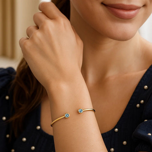 14K Yellow Gold Blue Topaz Open Cuff Bangle (2.00 mm)