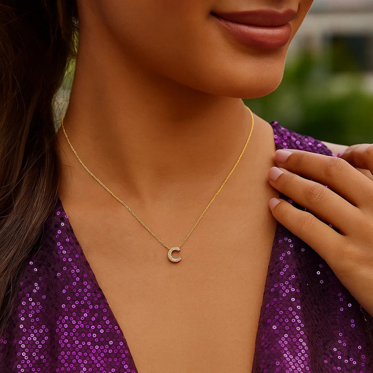 14K Yellow Gold Mini Diamond C Initial Pendant Necklace