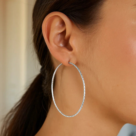 Sterling Silver Large Textured Round Hoop Earrings(1.6x60mm)