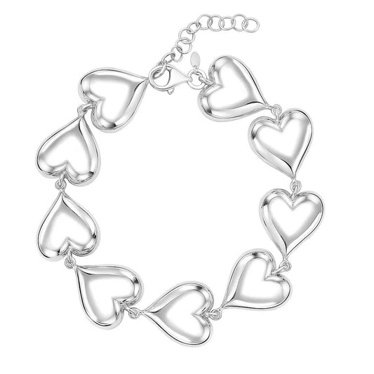 Sterling Silver Rhodium Plated Puffed Hearts Bracelet