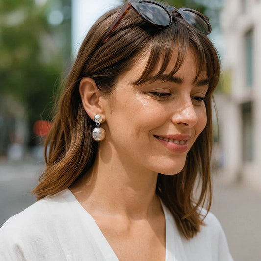 Sterling Silver Rhodium Plated Puffed Round Double Button Drop Earrings