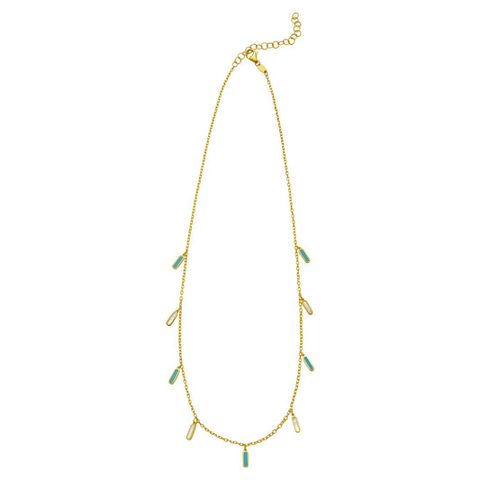 14K Yellow Gold Turquoise And MOP Inlay Station Necklace