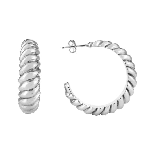 Sterling Silver Rhodium Plated Large Ribbed Twisted Hoop Earrings
