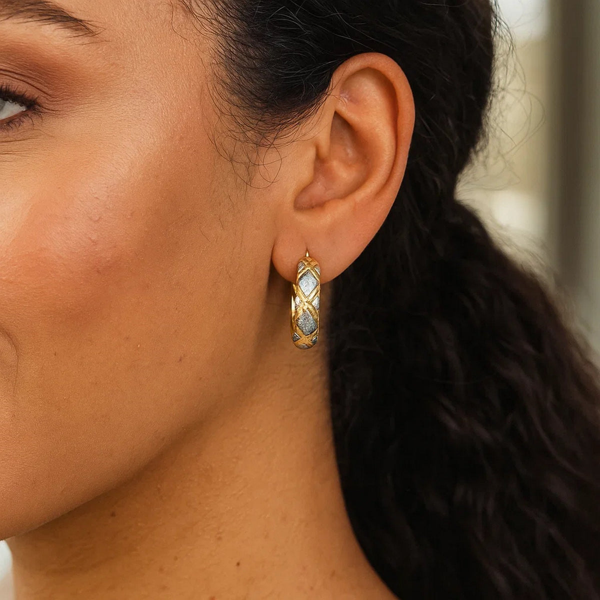 10K Two Tone Gold Diamond Cut X Hinged Hoop Earrings (6.00 mm)