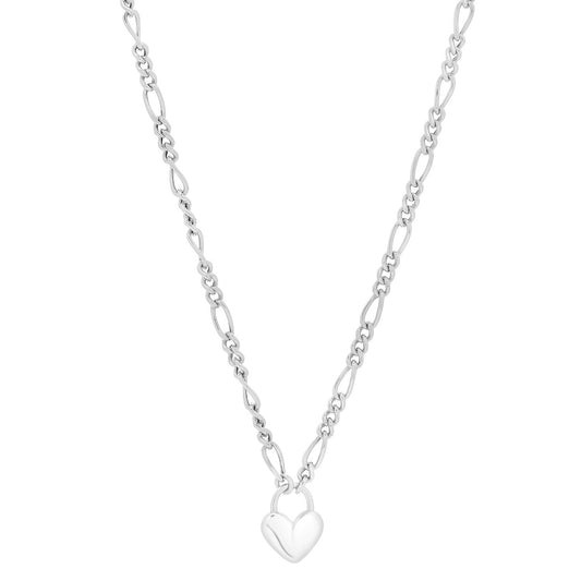 Sterling Silver Rhodium Plated Heart Padlock Figaro Necklace