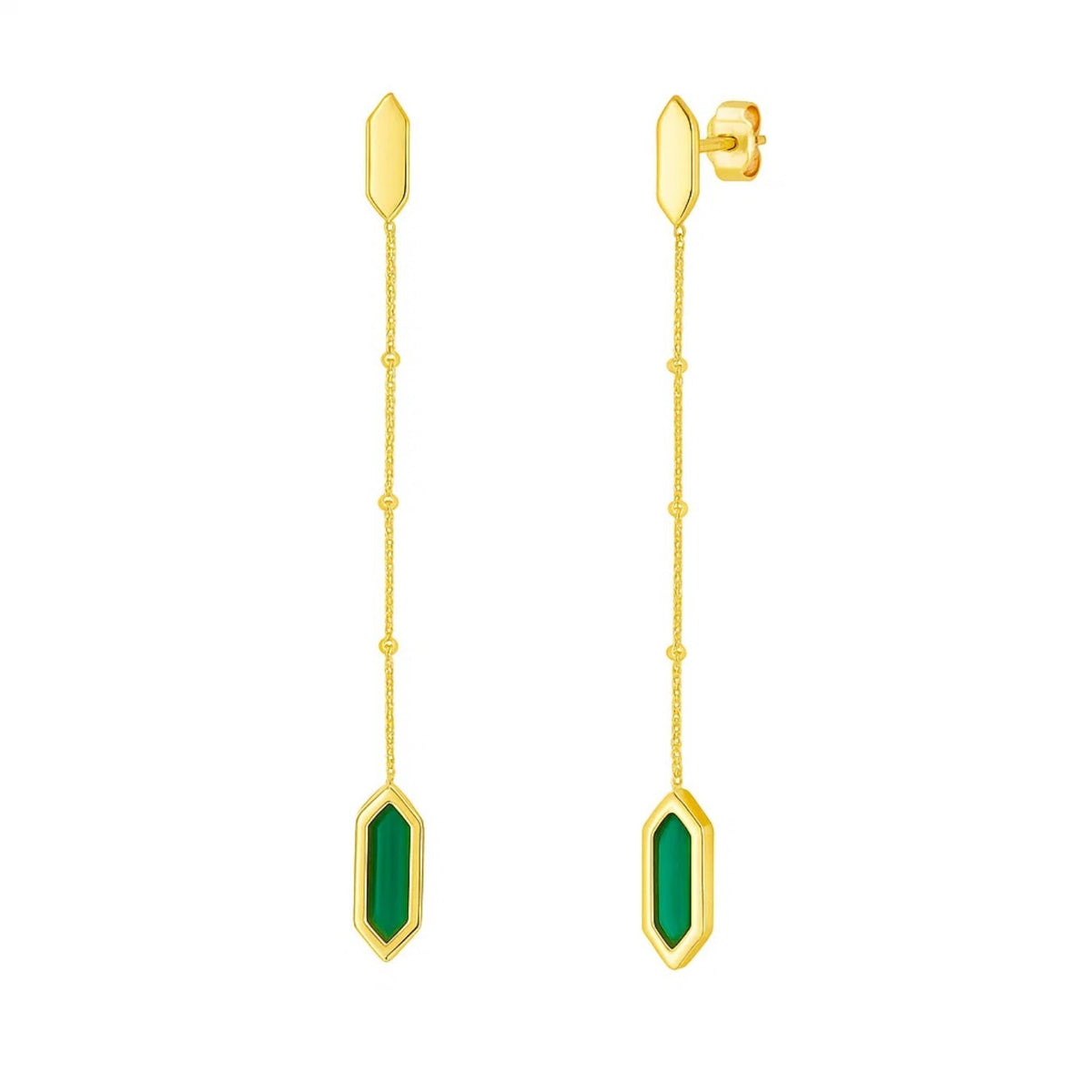 14K Yellow Gold Hexagon Malachite Drop Earrings