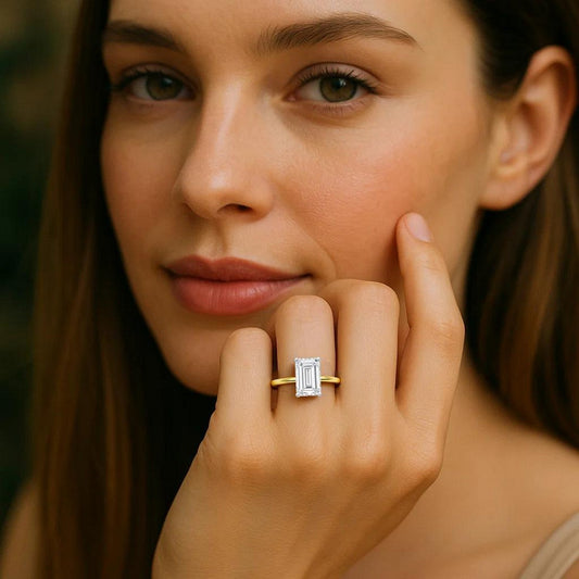 5 Carat Emerald Lab Grown IGI G/VS1 Diamond Solitaire Ring in 10K Yellow Gold