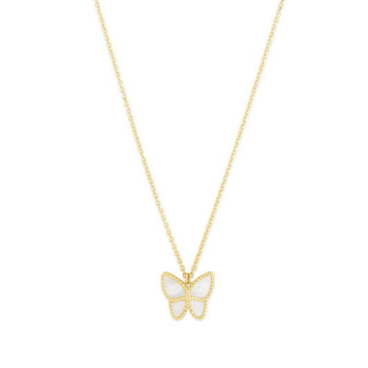 14k Yellow Gold High Polish Butterfly Peral Paste Necklace