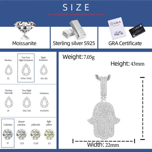 Iced Out Moissanite Hamsa Hand Pendant Necklace, image 3