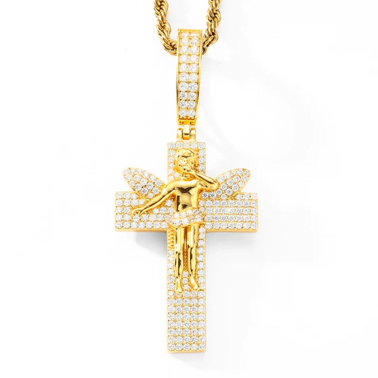 Moissanite Angel Cross Pendant Necklace for Men