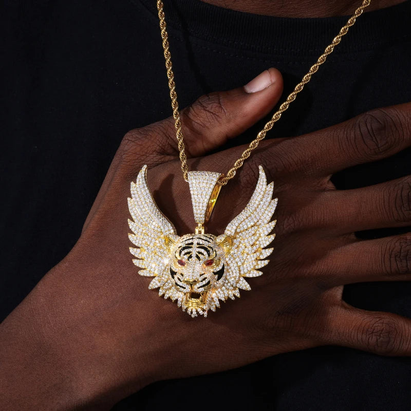Iced Out Winged Tiger Head Pendant Necklace for Men, image 7