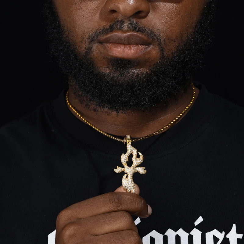 Iced Out Flame Cross Pendant Necklace for Men, image 6
