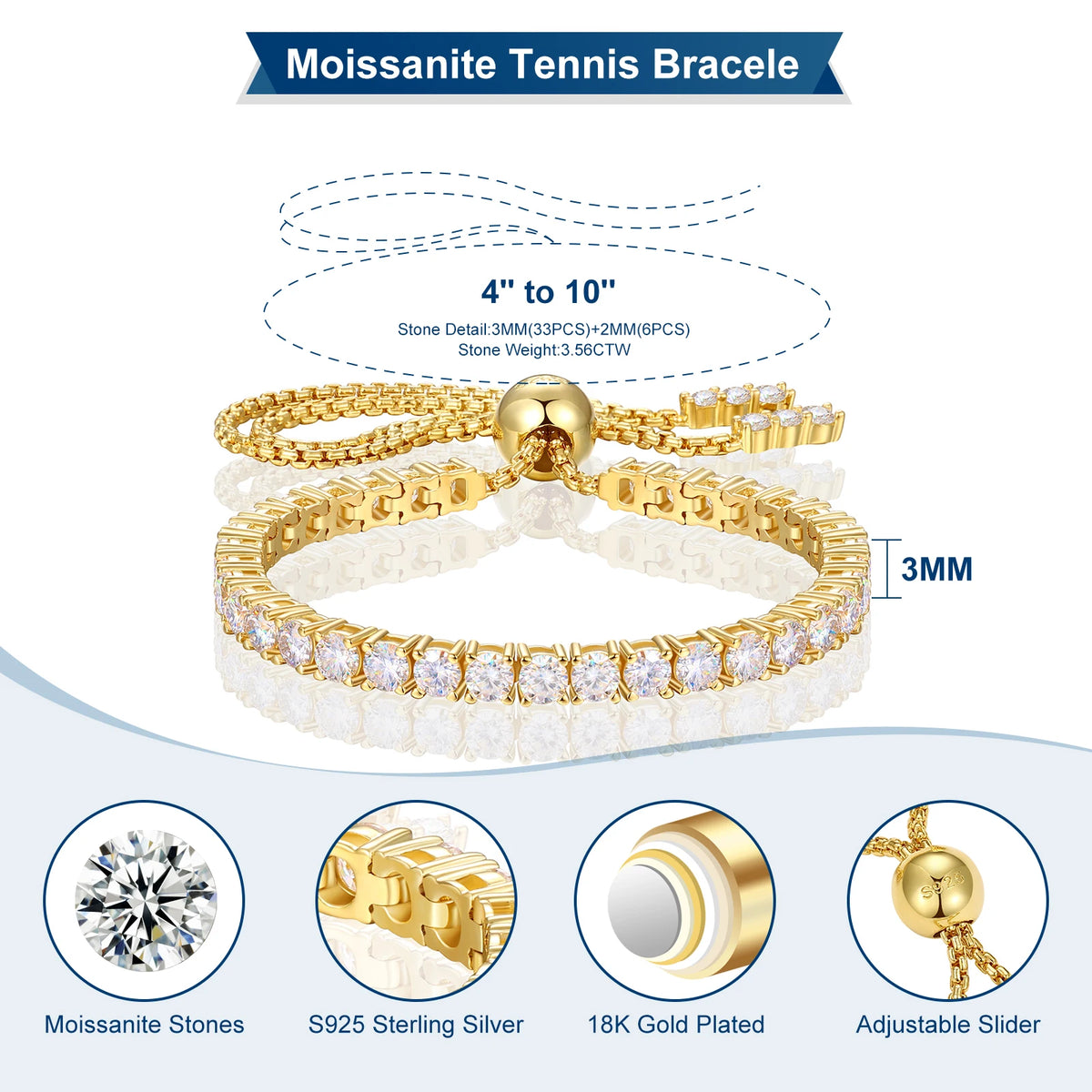 2mm to 4mm Adjustable Moissanite Tennis Bracelet, image 3