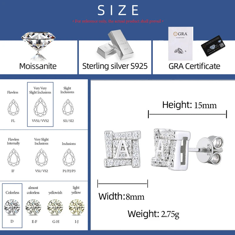 8mm Iced Out Moissanite Letter A Square Stud Earrings for Men, image 4