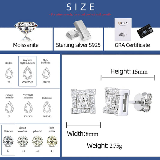 8mm Iced Out Moissanite Letter A Square Stud Earrings for Men, image 4