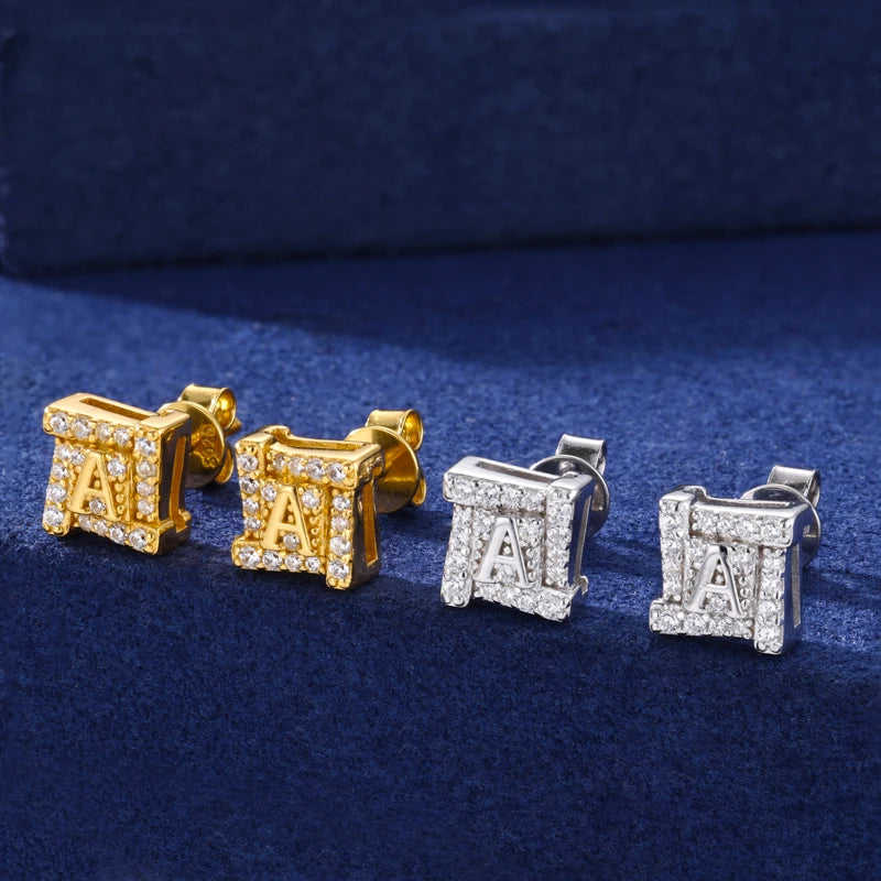 8mm Iced Out Moissanite Letter A Square Stud Earrings for Men, image 7