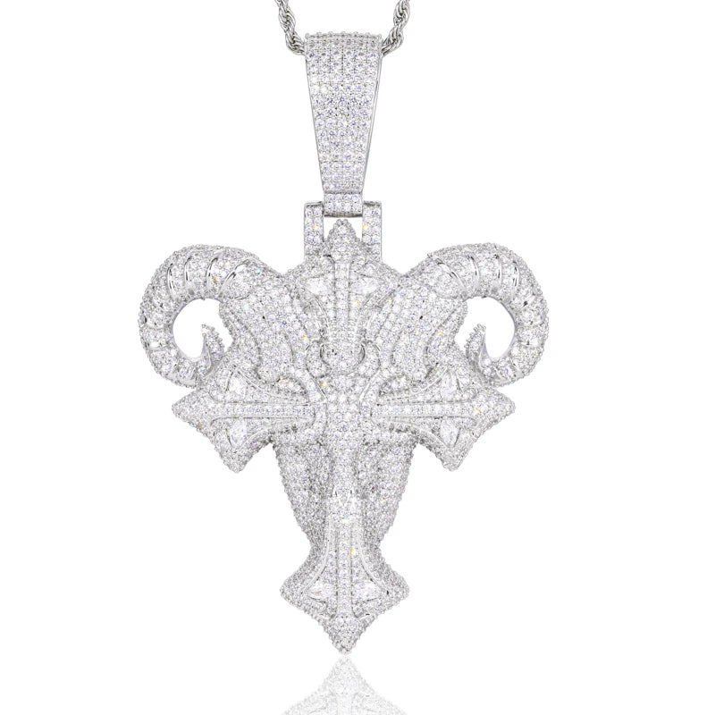Iced Out Ram Head Cross Pendant Necklace for Men