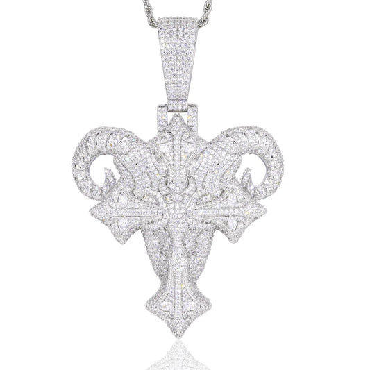 Iced Out Ram Head Cross Pendant Necklace for Men