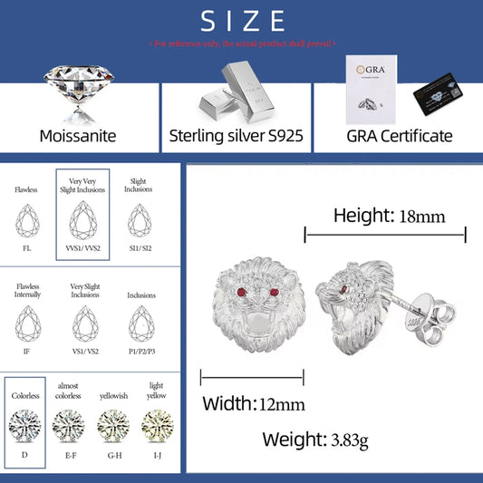 Moissanite Lion Head Stud Earrings for Men, image 2