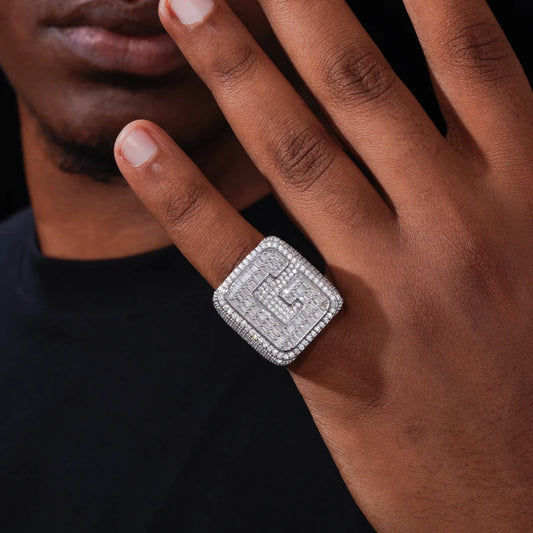 Iced Out Moissanite Initial Letter Signet Ring for Men, image 3