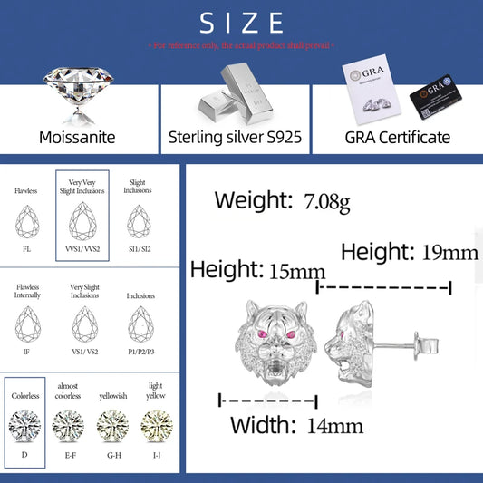 Moissanite Tiger Head Stud Earrings for Men, image 4
