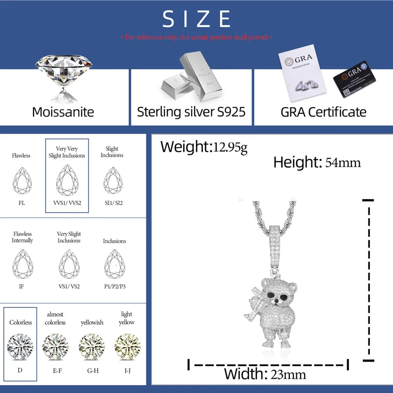 Iced Out Moissanite Bear Pendant Necklace for Men, image 3
