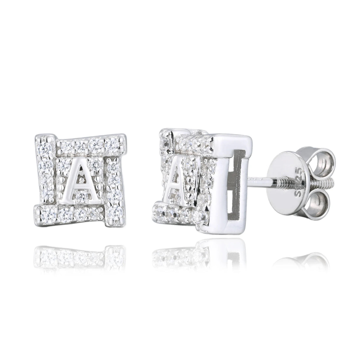 8mm Iced Out Moissanite Letter A Square Stud Earrings for Men, image 2