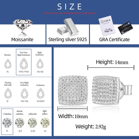 Iced Out Moissanite Triple Layer Square Stud Earrings for Men, image 4