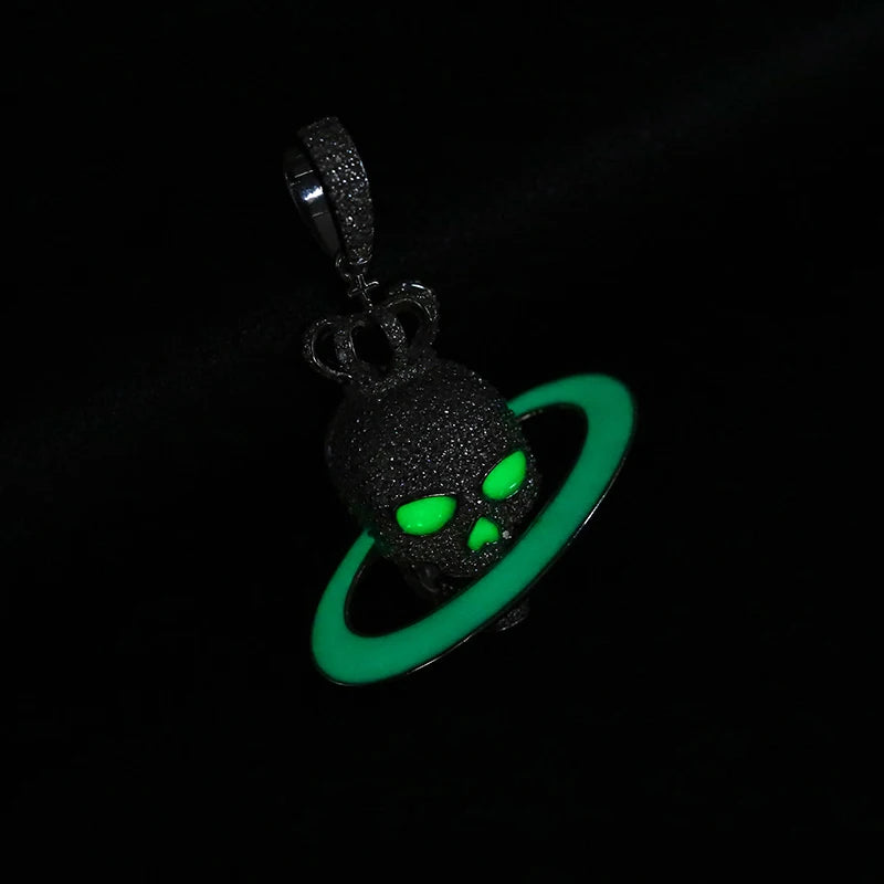 Glow in the Dark Moissanite Skull and Planet Pendant Necklace for Men, image 6