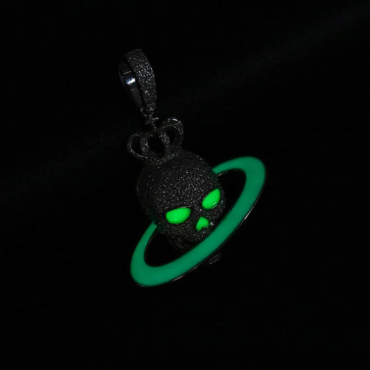 Glow in the Dark Moissanite Skull and Planet Pendant Necklace for Men, image 6